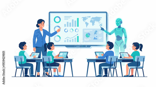 Modern education technology concept teacher and robot teaching children using interactive whiteboard and tablets