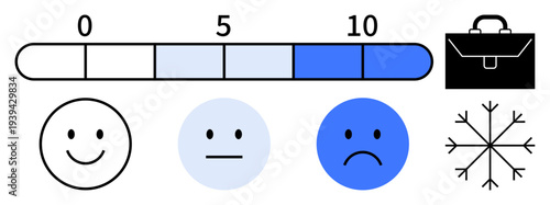 User feedback, satisfaction rating, customer experience, business decisions, emotional assessment, performance evaluation. Rating scale with happys, icons and symbols. Satisfaction and customer