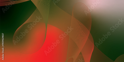 Flowing red, green, and black glowing ribbons twisting over a dark, moody background sprinkled with tiny sparkling particles, futuristic digital technology scene, vector style.
