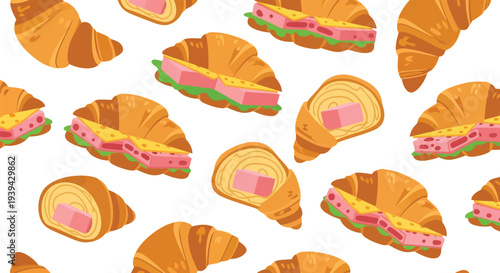 Seamless croissant sandwich vector food pattern with ham and cheese on white background