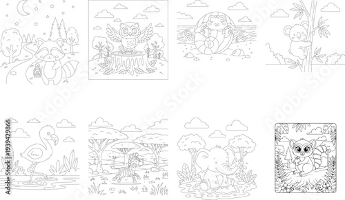 Magical and Safari Animals Coloring Pages: Fox, Owl, Flamingo, Elephant