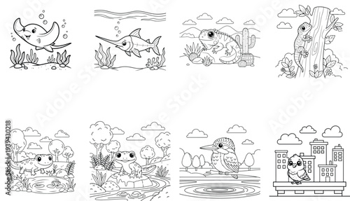 Ocean and City Animals Coloring Pages: Stingray, Swordfish, Frog, Owl