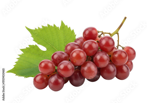 A cluster of fresh red grapes with green leaves isolated on transparent background