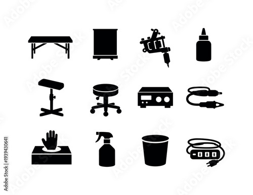 Collection of black icons representing tattoo studio equipment and supplies