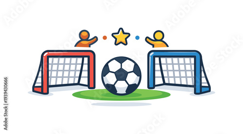 Soccer game with two players, goals, and a ball on a green field