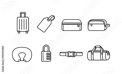 Collection of travel accessories icons including luggage, neck pillow, and lock