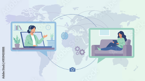 Global online support and remote communication via digital platforms, connecting people worldwide