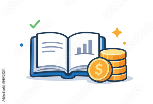 Open book with financial chart and stack of gold coins, symbolizing financial education