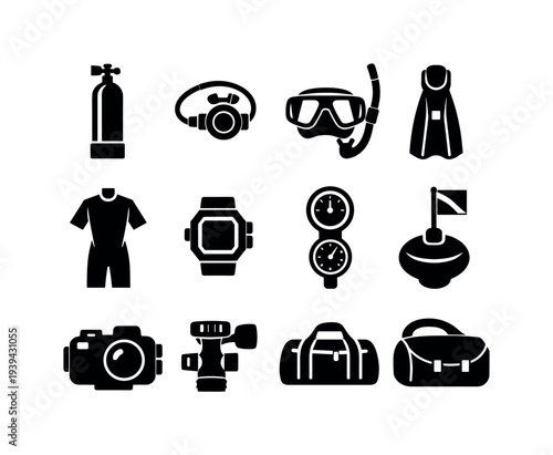 Collection of black scuba diving equipment icons on a white background