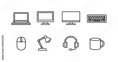 Line art icons of office and work equipment in minimal design