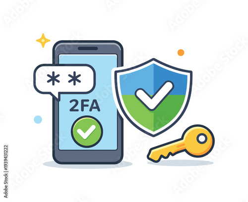 Two-factor authentication concept with phone, shield, key, and checkmark icon