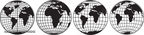 Black-and-white globe silhouettes with latitude/longitude grid and continent detail—ideal for travel, education, business, and web  .