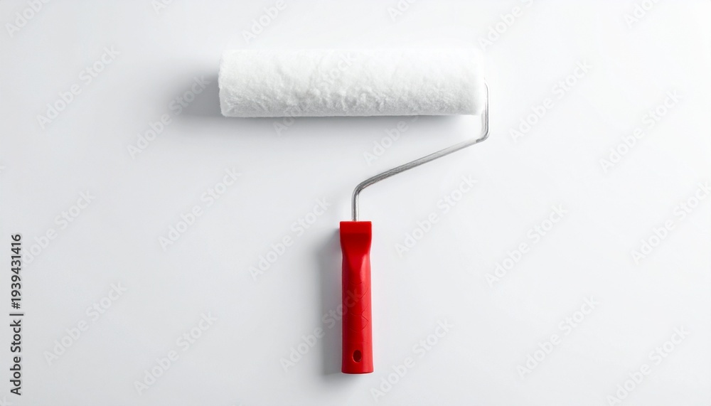 Obraz premium Paint Roller with Red Handle on White Background Studio Shot Minimalist Image Perfect for DIY or Home Improvement Projects.