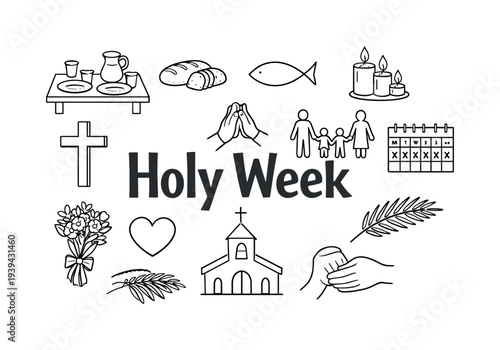 Holy Week religious symbols and icons in a doodle art style