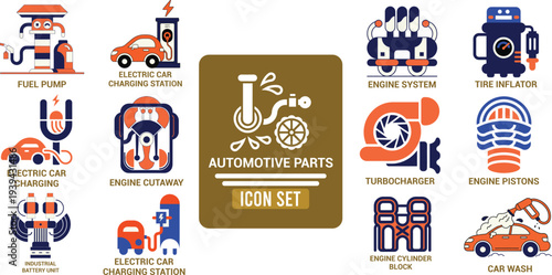 Automotive Parts Icon Set: Fuel Pump Electric Car Charging Engine System Turbocharger and More