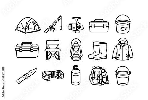 Collection of outdoor adventure and camping gear icons in a simple line art style