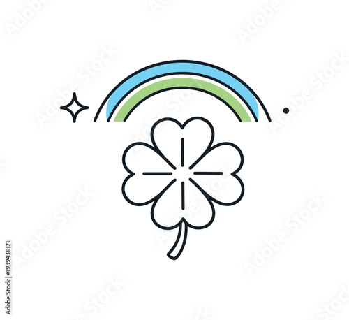 Four leaf clover with rainbow and sparkle, lucky charm icon