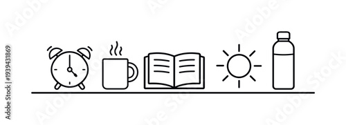 Simple line icons representing morning routine: alarm clock, coffee, book, sun, and water bottle
