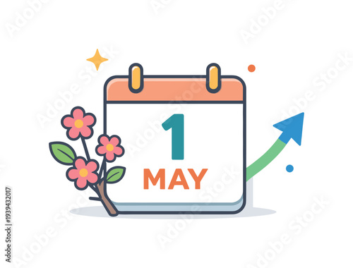 May 1st calendar with blooming flowers and upward trending arrow