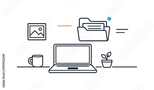 Digital workspace with laptop, files, and picture frame, minimalist line art illustration