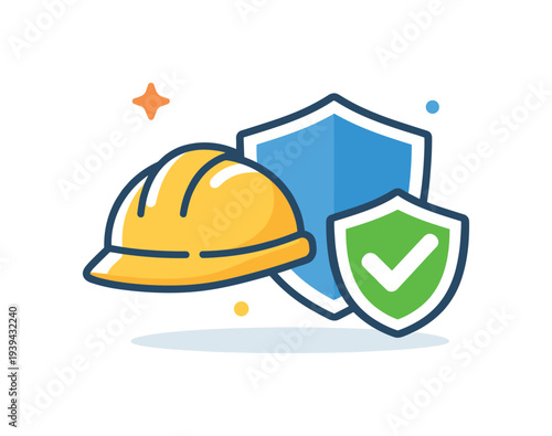 Construction safety hard hat and shields with checkmark icon symbolizing protection and security