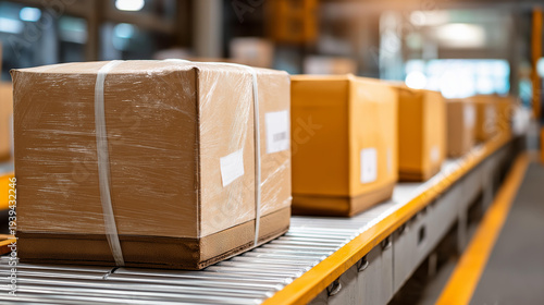 Shrink-wrapped boxes on pallets beside a conveyor line in a warehouse ready for outbound shipping and logistics operations