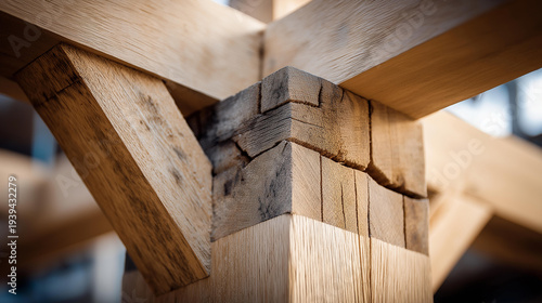 Close up of a hand cut wooden truss joint showing mortise and tenon connections in traditional carpentry woodworking craftsmanship