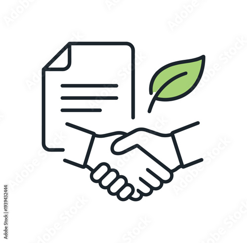 Green business agreement handshake with document and leaf icon