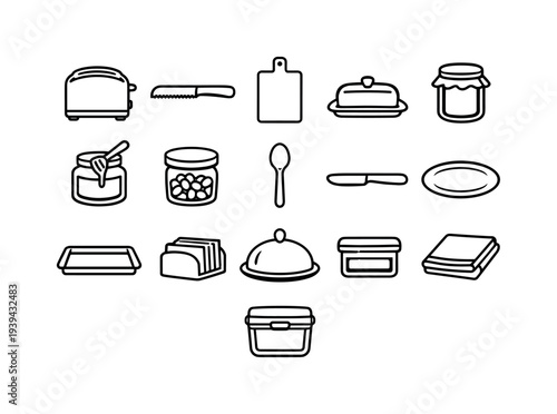Collection of simple line art icons representing kitchen and dining utensils and food items