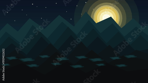 Minimalist vector illustration of a dark night mountain landscape with a bright yellow full moon and stars, reflecting on water, ideal for web backgrounds and digital art.
