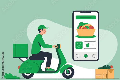 Food delivery service featuring a scooter rider and a smartphone display