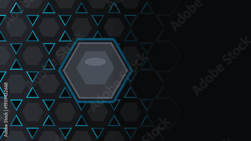 Dark geometric background vector with glowing blue hexagonal grid pattern and abstract shapes, ideal for technology, data, and modern design projects