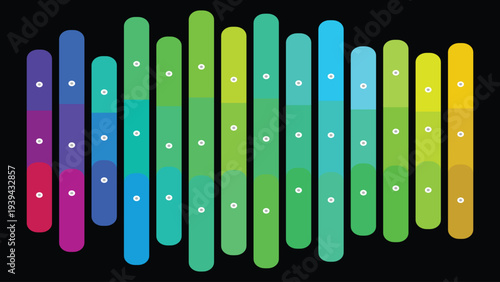 Abstract colorful sound wave equalizer vector illustration with rounded vertical bars and white dots on a dark background, ideal for music, technology, or data visualization designs