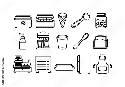 Collection of line art icons representing ice cream parlor and cafe equipment and supplies