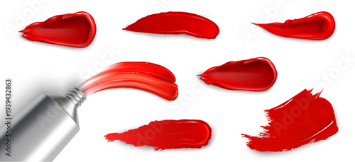 Paint smear set with red oil texture and glossy finish on white background. Realistic 3D brush strokes and lipstick swatches. Liquid acrylic smudges with silver tube for artistic product displays