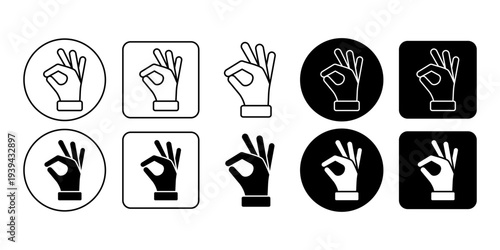 OK Hand Sign Gesture Icon Set Outline And Solid Style Approval Agreement Symbol Collection