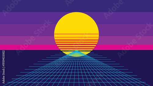 Retro 80s Synthwave Sunset Vector Background with Yellow Sun and Blue Grid Horizon for Vaporwave Design, Music Album Covers, and Digital Art