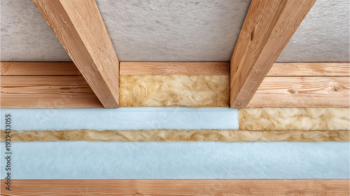 Cross section of a modern roof showing insulation sheathing and membrane layers in a close up construction detail for exterior building assembly