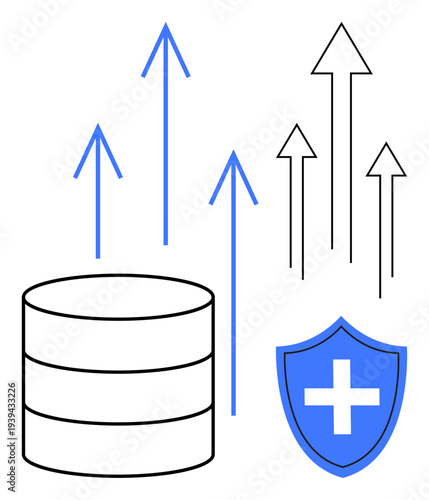 Data management, cybersecurity, technology growth, database security, digital protection, performance. A database, arrows indicating growth and a shield with a cross. Data management