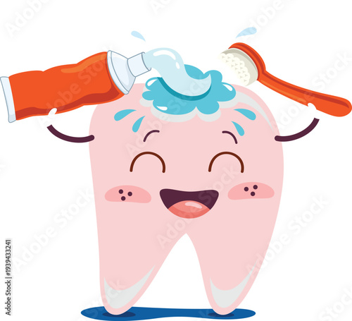 A funny cartoon vector illustration of a smiling tooth character holding a toothbrush and toothpaste with a happy face design
