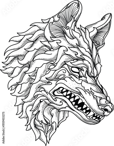 A fierce black tribal wolf head mascot and wild animal vector illustration featuring a bold silhouette design for a powerful spirit beast tattoo