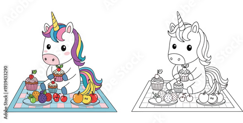 Cute Unicorn Having a Picnic with Fruits and Cupcakes - Adorable Cartoon Fantasy Character Enjoying a Sweet Meal