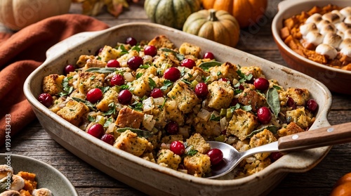 Delicious Homemade Thanksgiving Stuffing with Cranberries and Herbs.
