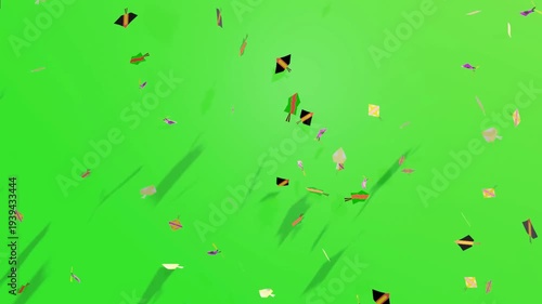 Colorful kites flying in green sky with dynamic shadows
