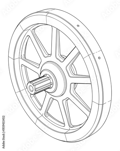 Industrial mechanical wheel vector wireframe drawing for engineering concepts