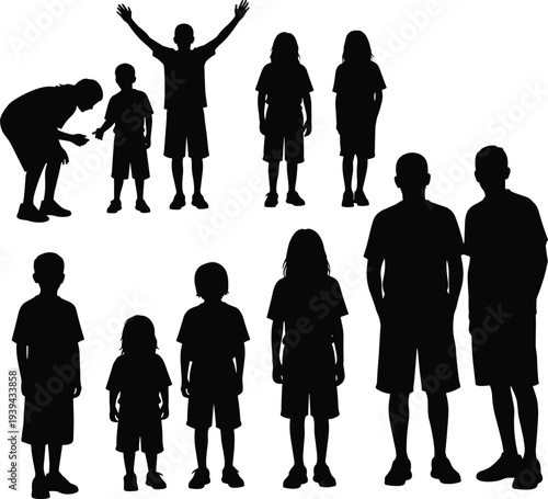 Vector illustration of stylized human silhouettes symbolizing family, growth, age progression, identity, culture, tradition, and education