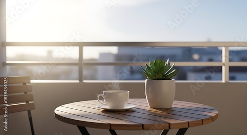 Serene balcony with coffee and succulent plant on a wooden table.