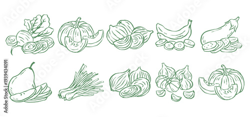 set of green fruit and vegetables leaves