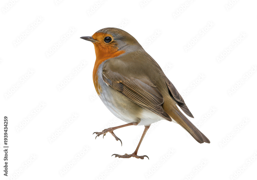 Fototapeta premium A european robin perched on one leg with vibrant orange face and breast, isolated on transparent background