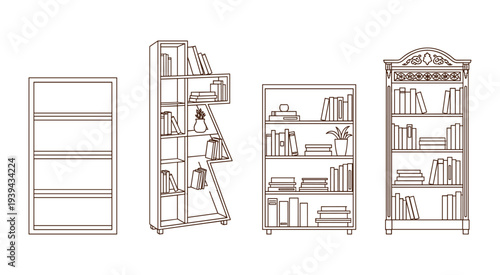 Collection of bookshelves filled with books, vector illustration